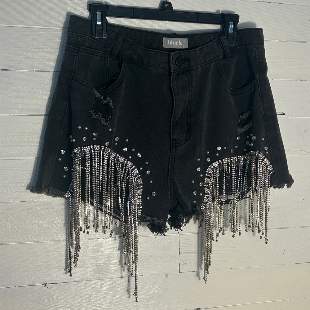 Blue B faded black rhinestone and pearl denim shorts. Womens size Large. - Picture 3 of 10